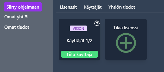 Veroni lisenssiasetukset: Liitä käyttäjä -painike