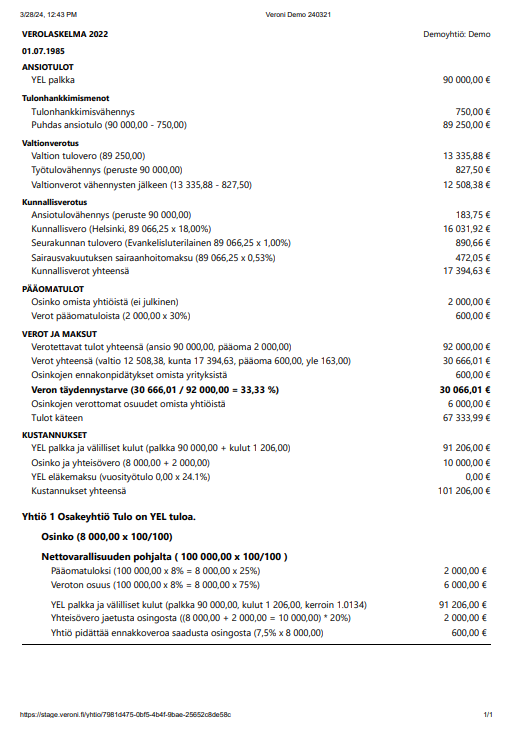 Esimerkki Veroni-verolaskelman tulosteesta A4-koossa